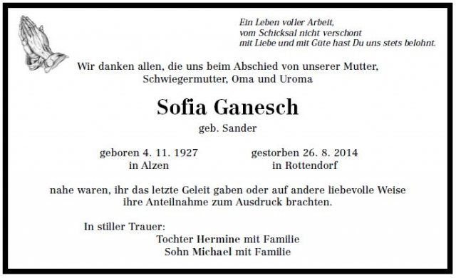 Sander Sofia 1927-2014 Todesanzeige